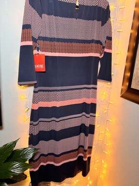 Melrose Women's Size 12 Navy and Pink Striped 3/4 Sleeve Sheath Midi Dress